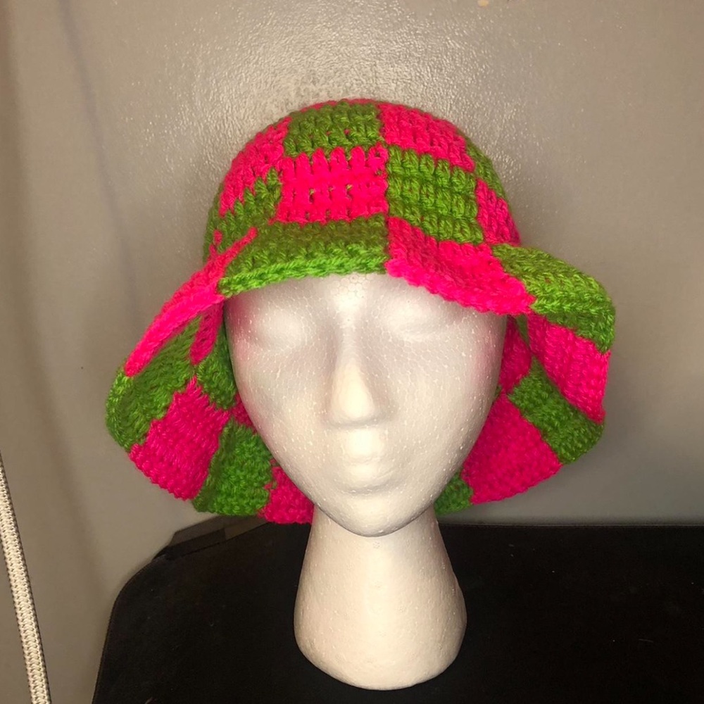 crochet pink and green checkered bucket hat HANDMADE